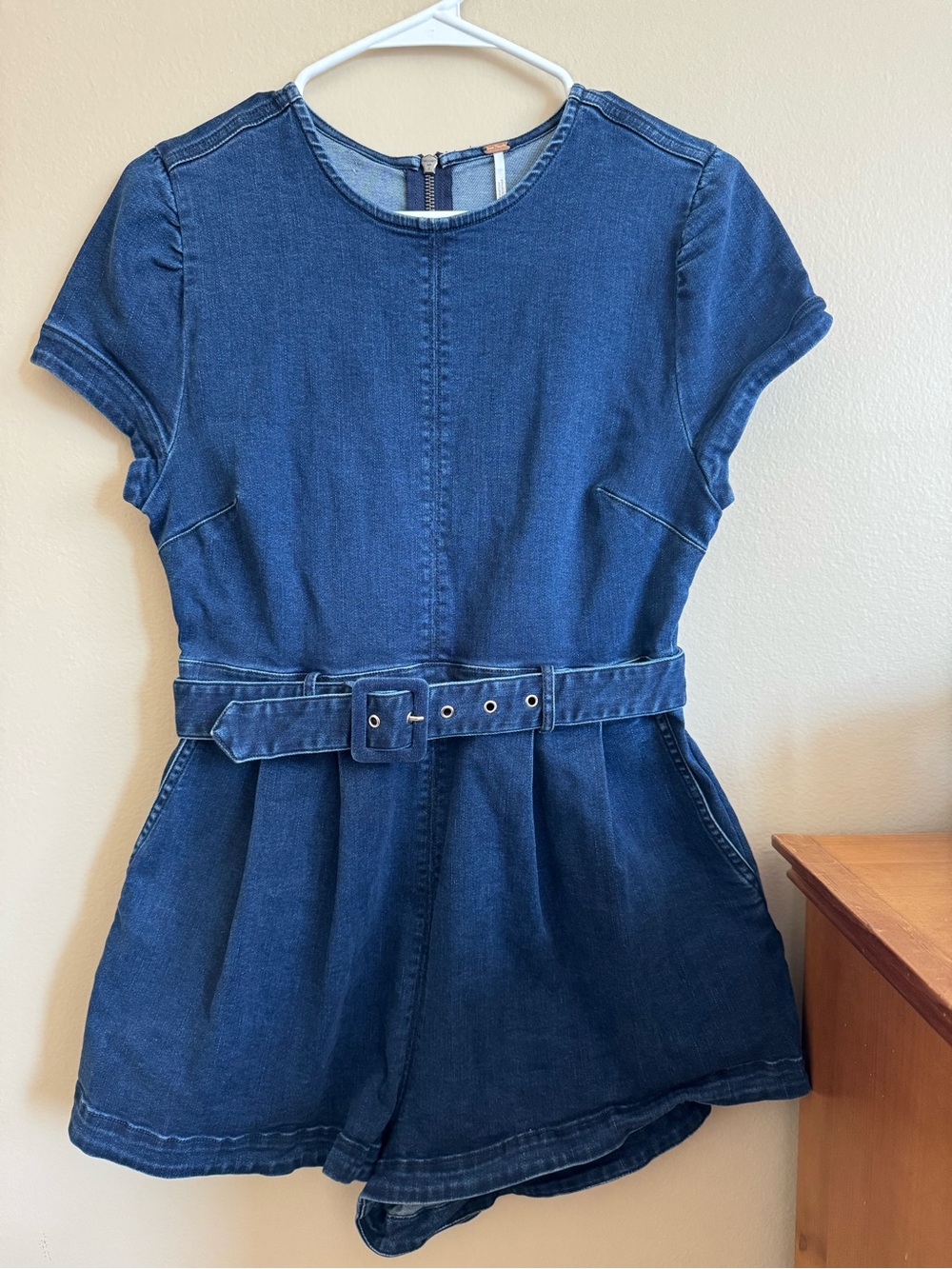Free People Charlotte Romper Blue Denim Belted Short Sleeve Small